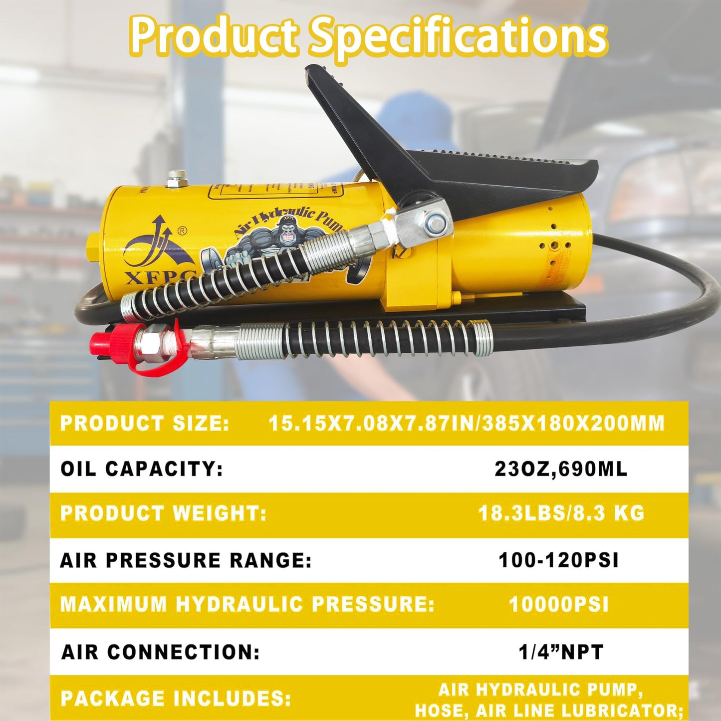 Air Hydraulic Pump 0.45 Gal 10,000 PSI Reservoir NPT 3/8" Oil Outlet, NPT 1/4" Inlet, Air Hydraulic Foot Pump Made of Aluminum with Air Line Lubricator, Yellow