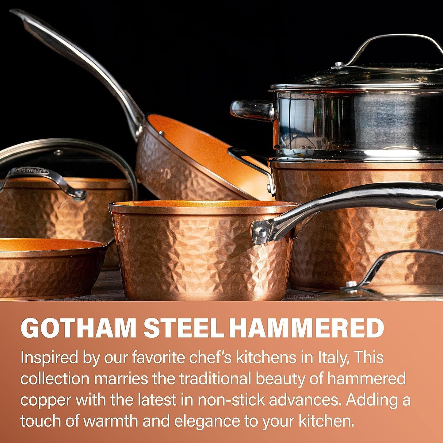 Gotham Steel Pots and Pans Set Nonstick Cookware Set – Premium Ceramic Cookware Set with 3x Coated Nonstick Surface + Induction Plate for Even Heating, Oven/Dishwasher Safe, 10 Piece - Hammered Copper