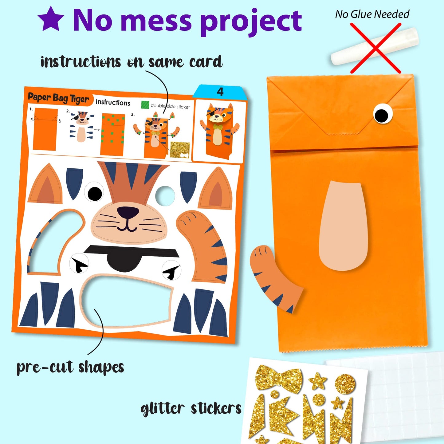 KRAFUN My First Safari Animal Paper Craft Kit for Kids Age 3+, 16 DIY Arts & Crafts Projects, Paper Bags Plates Rolls, Activity Set for Boys Girls with Lion Tiger Giraffe Elephant