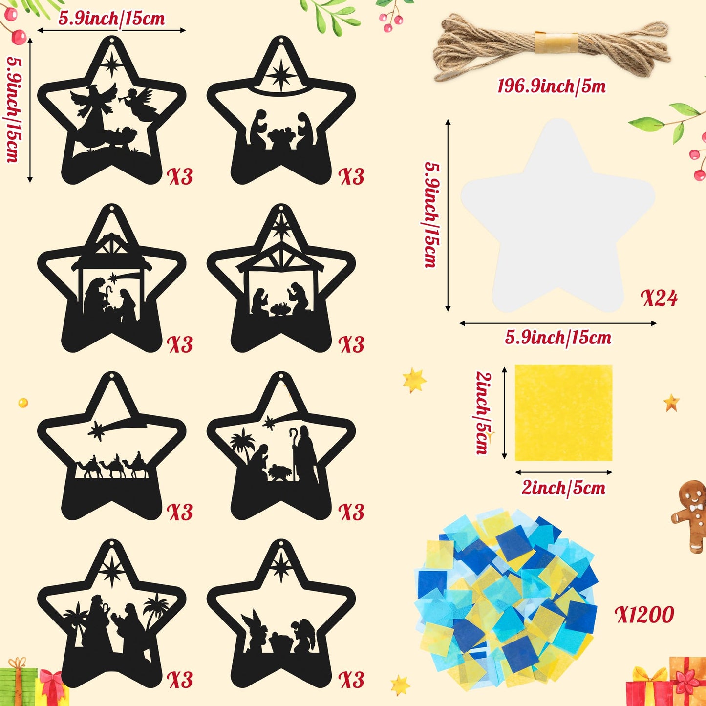 CJiangpo 24 Sets Christmas Nativity Suncatcher Paper Craft Kits, DIY Stained Glass Effect Window Ornament Rainbow Tissue Paper Art Craft for Kid Classroom Activities Christian Religious Party Decor