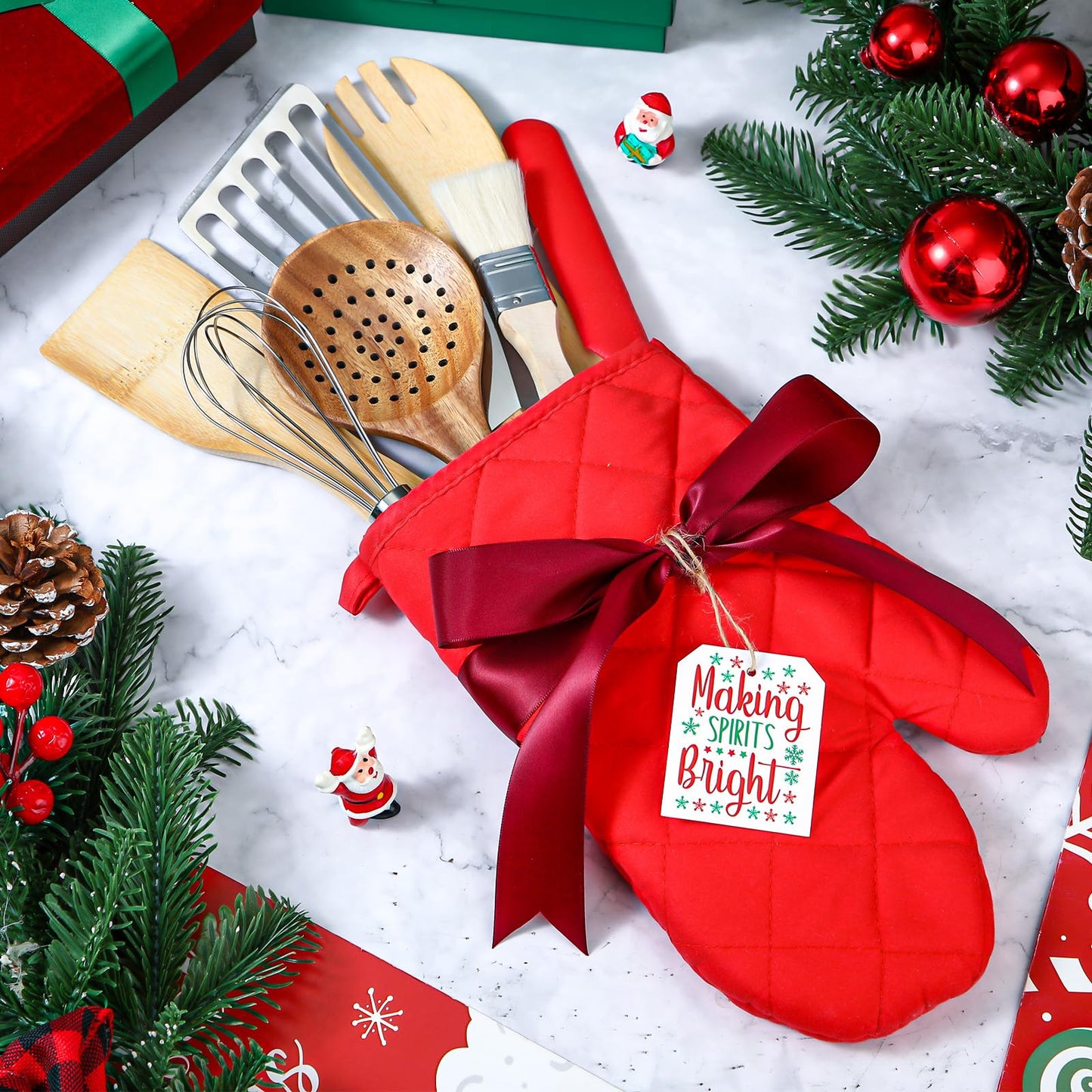 Roshtia 9 Pcs Christmas Kitchen Gift Set Christmas Red Oven Mitts Xmas Supplies with Scrapers Whisks Spatulas Colanders for Xmas Party Decor Friends Family Baking Lover Presents