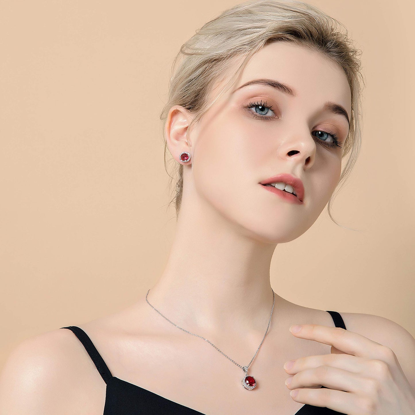 Crystal Jewelry Set for Women Elegant Sterling Silver Round Red Cubic Zirconia Rhinestone Necklace Halo Stud Earrings Set Wedding Party Ruby Birthstone Fashion Jewelry Set Birthday jewelry Accessories