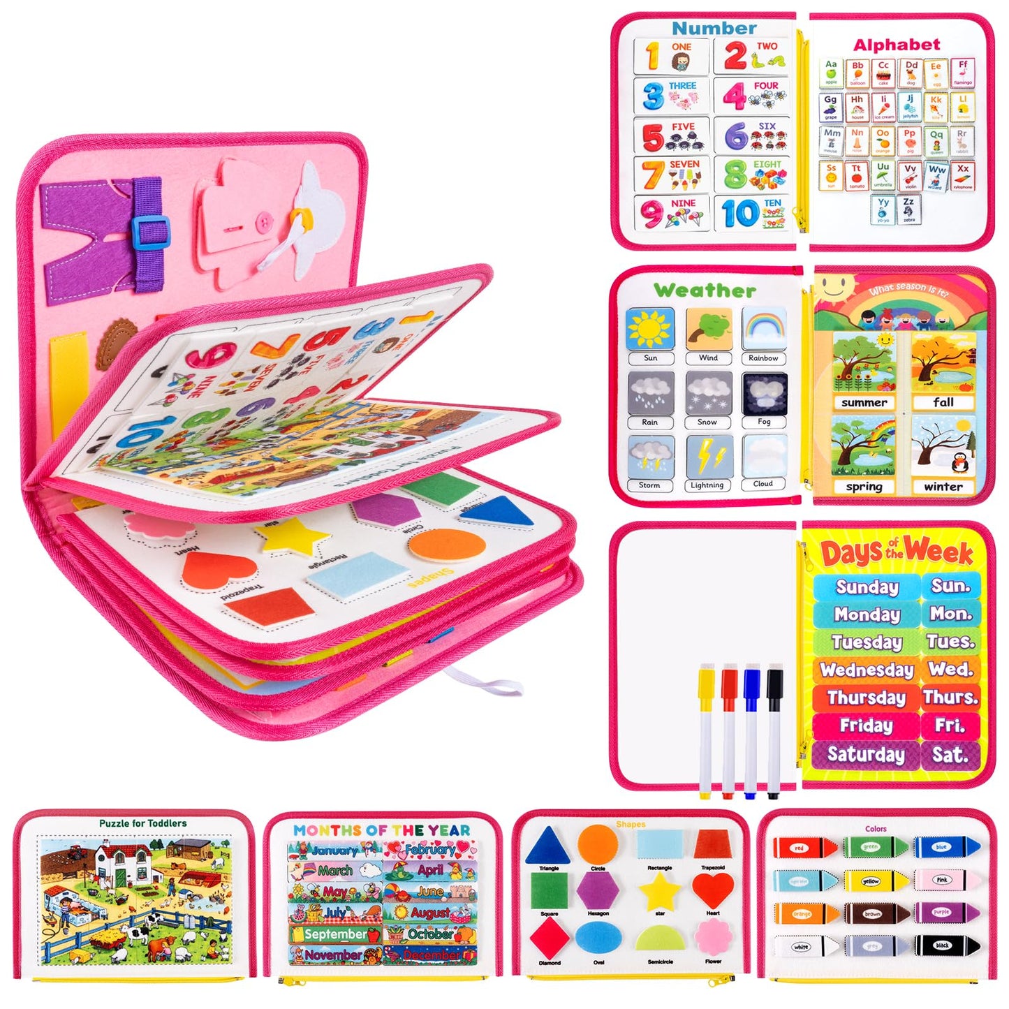 Toddler Busy Board, Montessori Busy Book for Toddlers, 12-Page Quiet Educational Activity Book, Learning Sensory Toys for Motor Skills, Travel Toy for Car Airplane, Girl Kids Birthday Gifts (Pink)