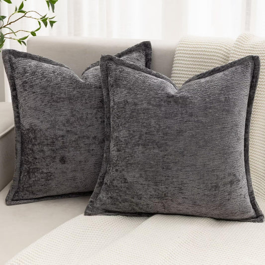 BAOLIZEGAO Grey Decorative Throw Pillow Covers 18x18 Inch Set of 2 Cozy Soild Chenille Cushion Cases Soft Textured Square Couch Pillows Cover Boho Accent Farmhouse Pillowcases for Sofa Bed