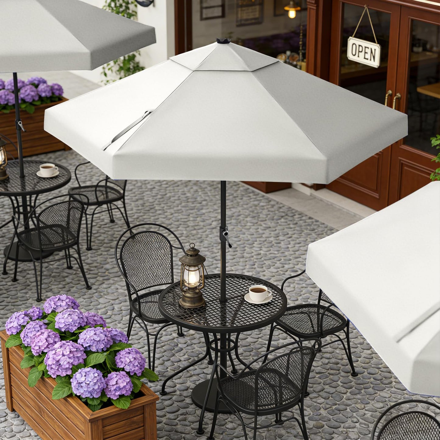 CROWN SHADES 9 Ft Patio Umbrella with Auto-Tilt & Olefin Fabric - Patented 90° Edge Connection Wind Resistant, Outdoor Umbrella for Table, Pool, Beach, Effortless Crank System(Base Not Included)