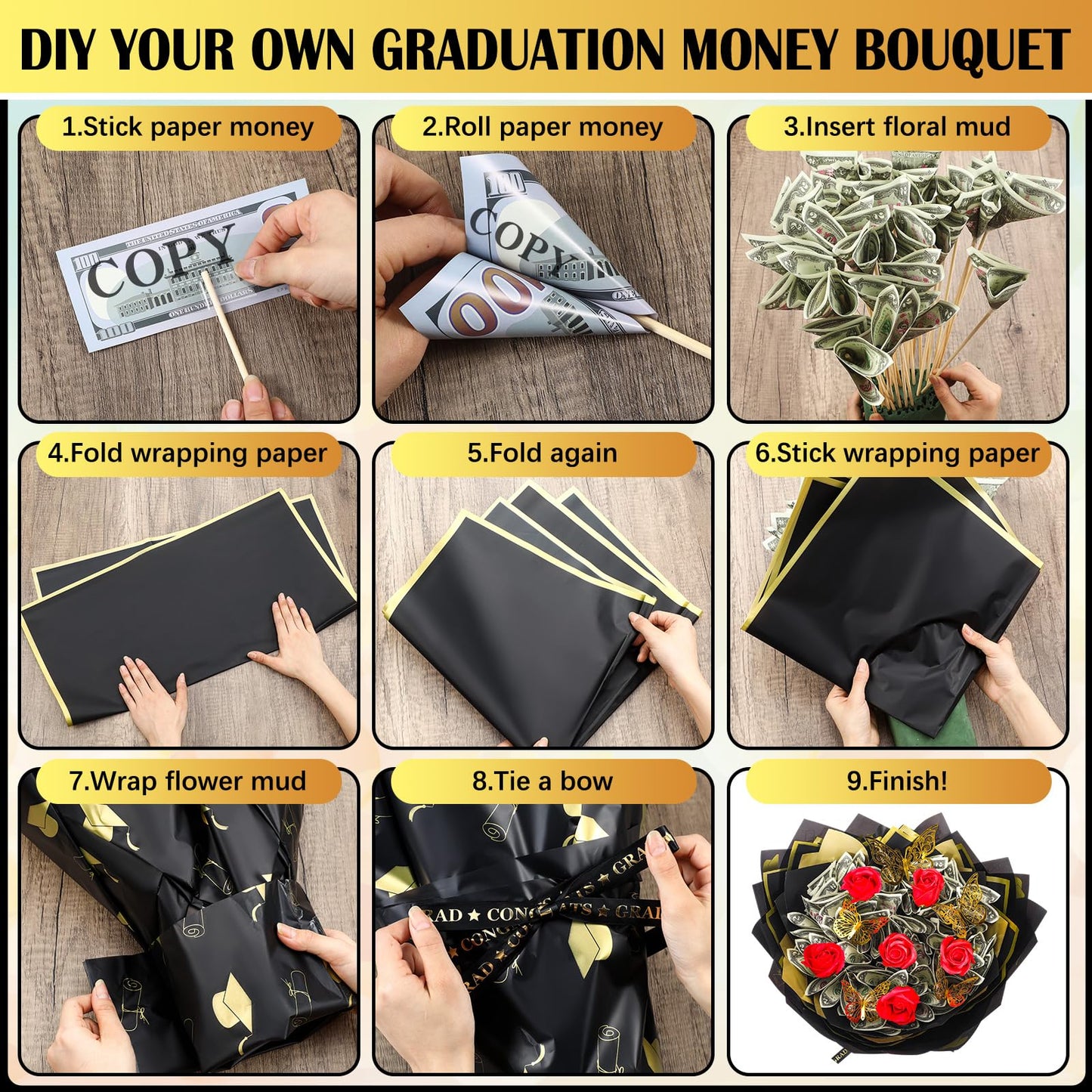 Colingmill Graduation Money Bouquet Kit 30 Sheet Flower Wrapping Paper 100 Pcs Skewers Floral Butterflies Rhinestone Pin Foam Blocks Ribbons Greeting Cards for DIY Congratulation Graduate Gift