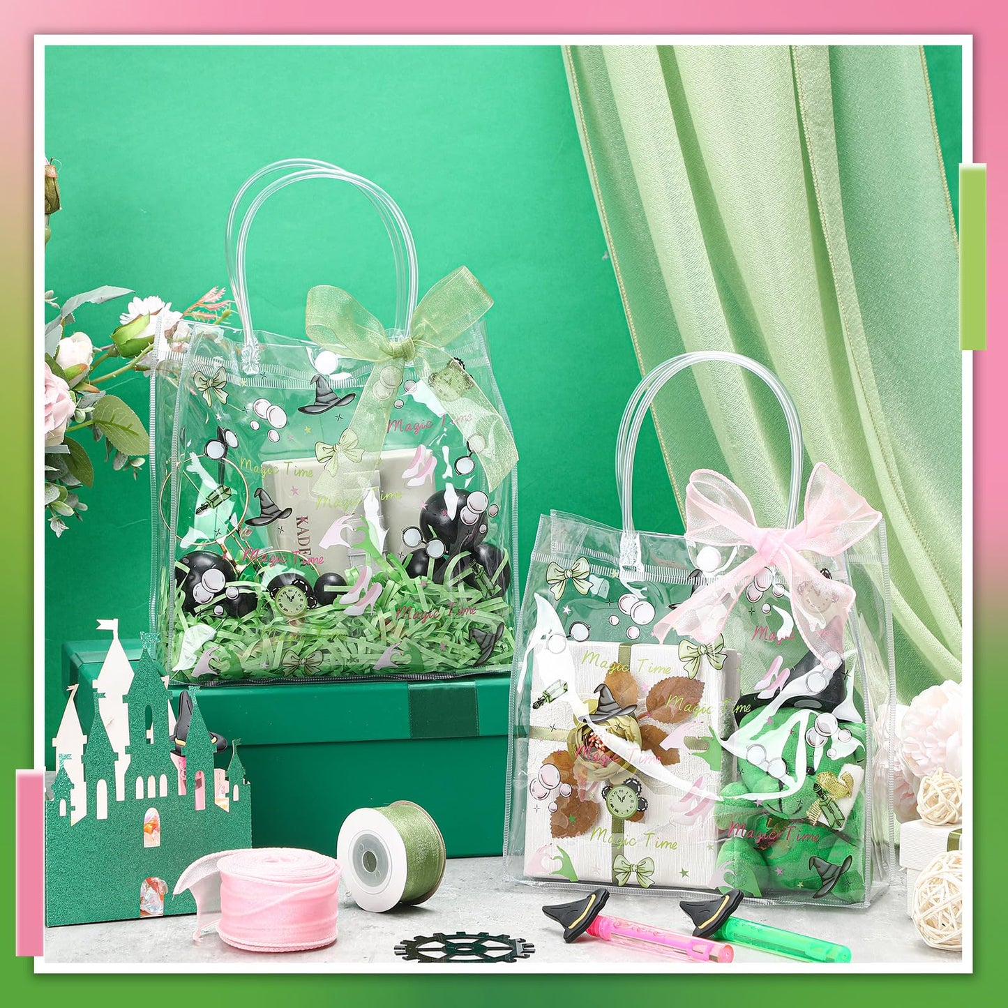 Sweetude 24 Pack Witch Party Gift Bags with Ribbon Bow Witch Party Favors PVC Clear Gift Goodie Bags with Handles for Pink and Green Birthday Decorations Friendship Fans Favors Halloween Decorations
