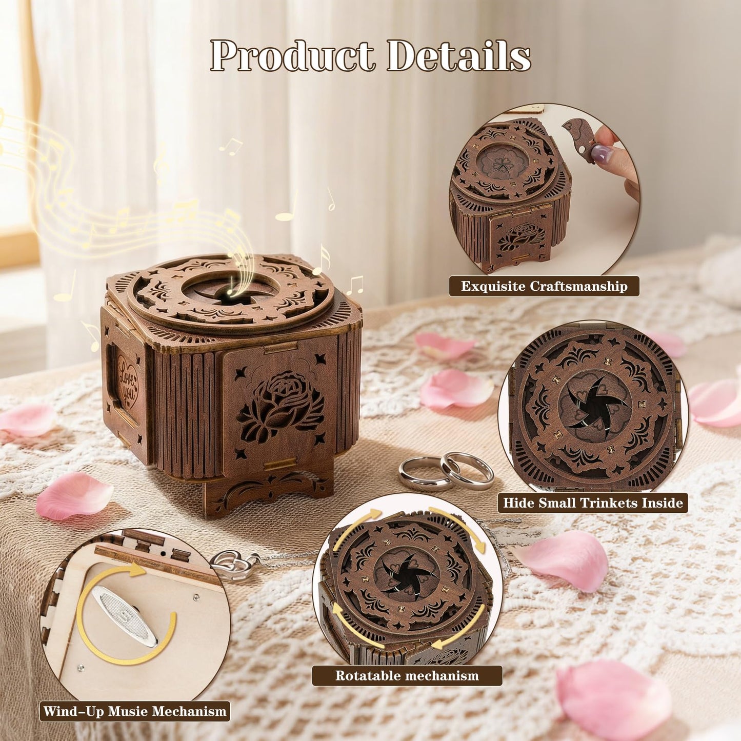 3D Wooden Puzzles for Adults, Mechanical Music Treasure Ring Box, DIY Wooden Puzzle Hobbies DIY Wooden Model Kits for Adults to Build, Hobbies for Adults Women Men, Home Decor Gift for Anniversary