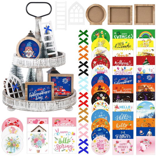 48 Pcs Interchangeable Seasonal Tiered Tray Decor Set Farmhouse Patriotic Summer Tiered Decoration Include Wood Frames with Ladders Card Bow Knot Tray Not Included(Vintage Color,Festive)