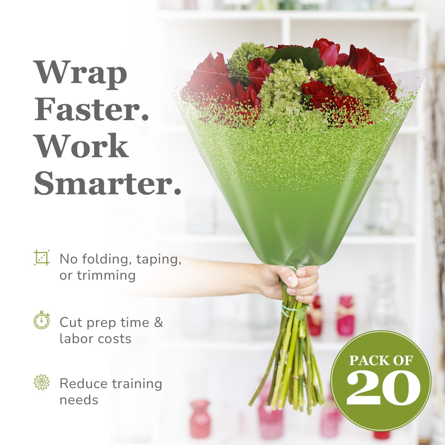 the florist Supply Confetti Sleeves 20 Pack 17.3 x 17.1 x 4.9 Inch Waterproof Flower Bouquet Wrapping Sleeves, Flower Bouquet Bags, Plastic Floral Sleeves, Gift-Ready for Wedding, Birthday, Green