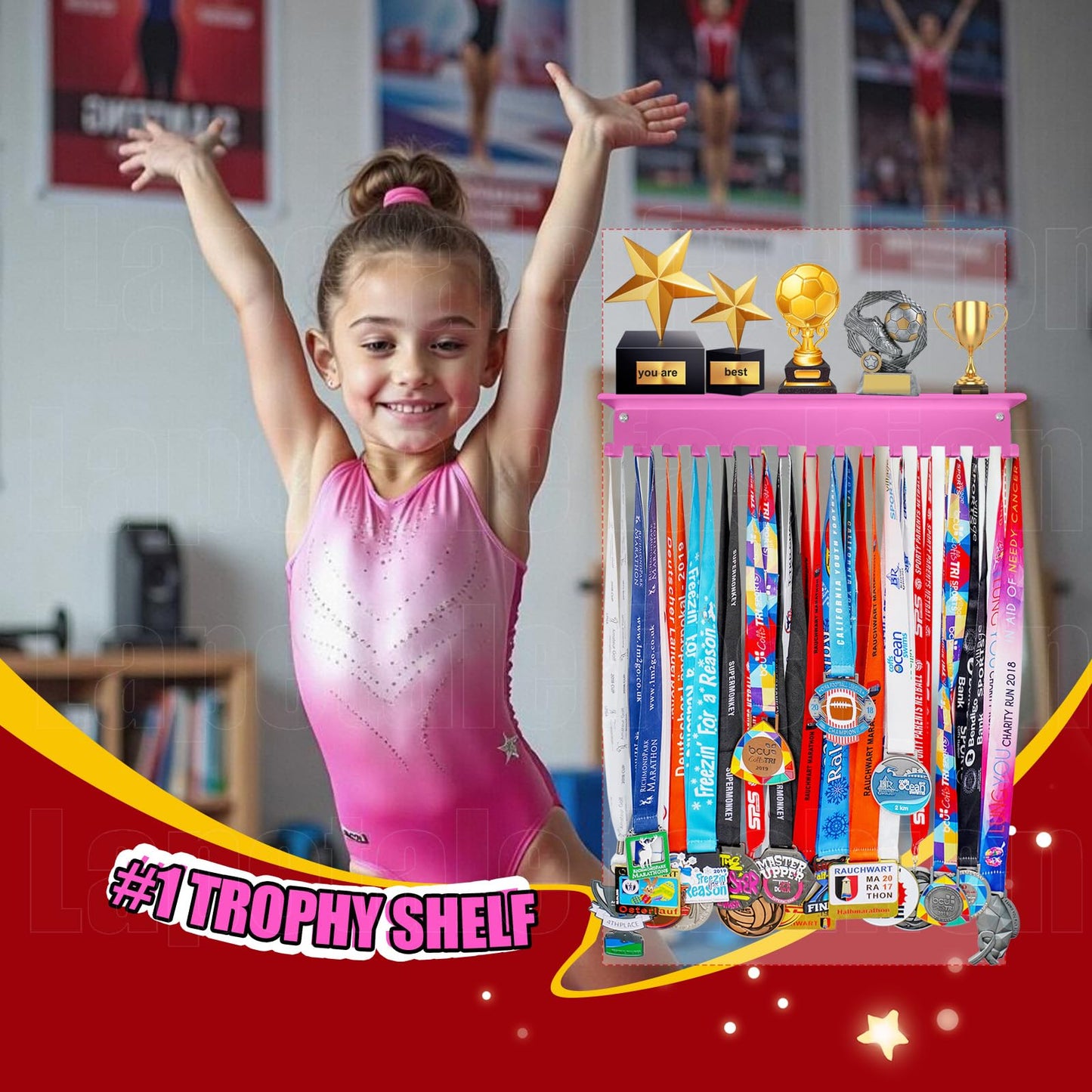 Lapetale Fashion Non-Slip Pink Trophy Shelf - 16 Inch Medal Hanger Display for Wall with Upgraded Shelves for Trophies, Gymnastics, Soccer, Swim