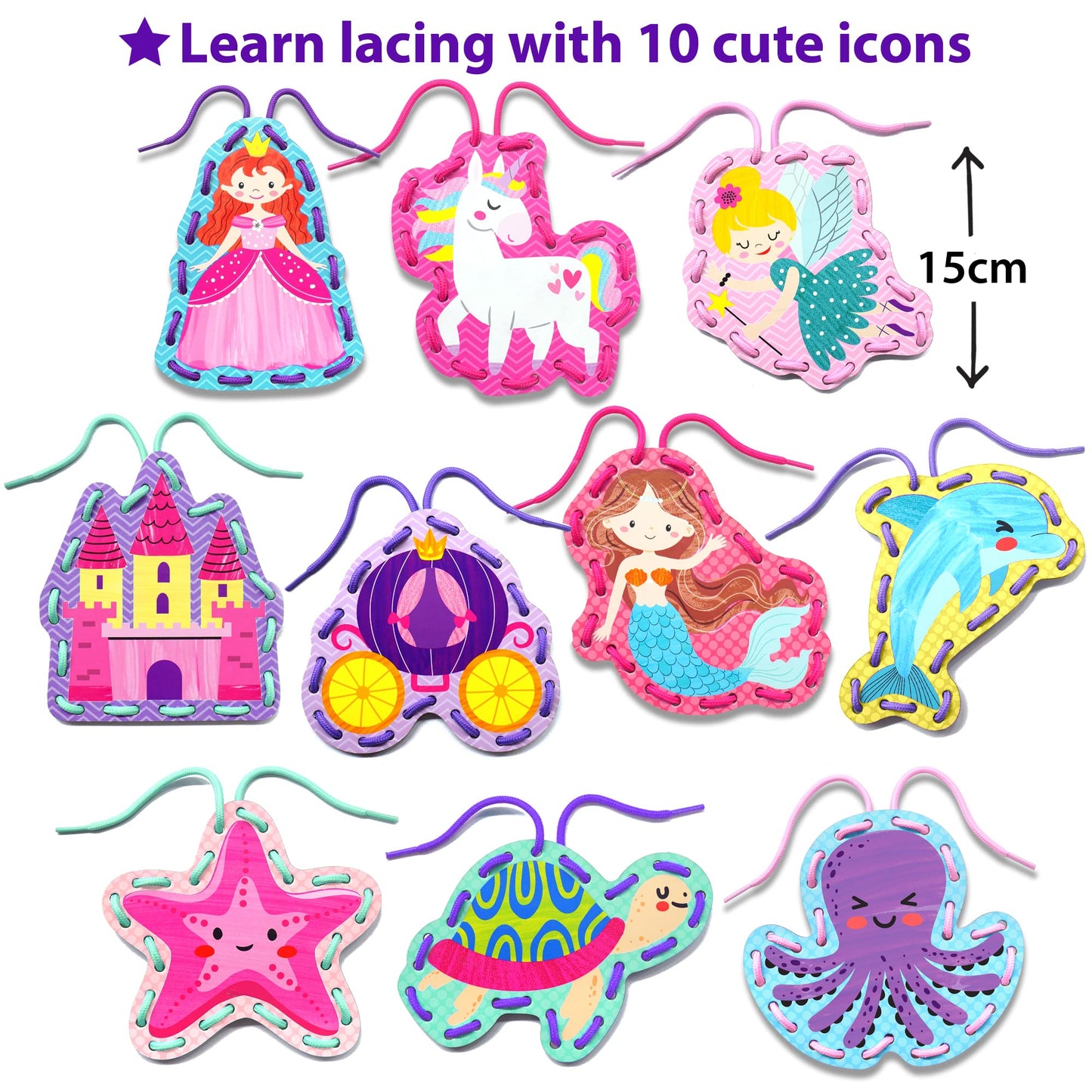 KRAFUN Beginner Unicorn My First Lacing Card Kit for Kids Arts & Crafts, 10 Easy Princess, Mermaid, Lacing Projects, Toddlers Lace Project, Fine Motor Preschool Skills Toys