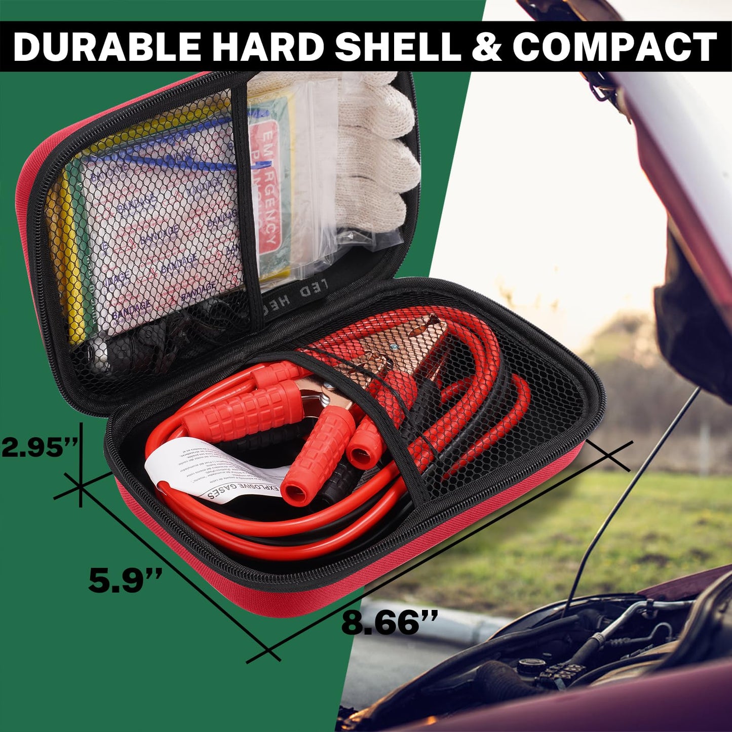 Car Roadside Emergency Kit with Battery Jumper Cables,Car Accessories for Men or Women,Automotive Safety Kit for Car,Vehicle, Truck or SUV,Gifts for Men or Him,Red