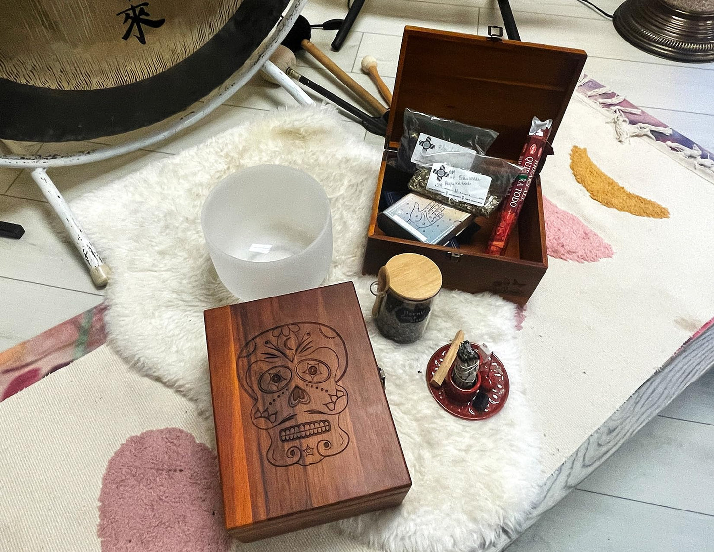 Sugar Skull Wooden Stash & Keepsake Box – Large 11” x 8.5” x 5” Engraved Wood Storage Box with Hinged Lid & Latch – Day of the Dead Memory Box for Tarot, Herbs, Jewelry & Gifts, Limited Run