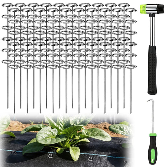 6 Inch Landscape Staples with Hook & Hammer - 120pcs Circle Top Weed Barrier Stakes Kit, 9 Gauge Galvanized Rust-Resistant Garden Fabric Pins, for SOD, Garden Edging, Install & Remove Tools Included