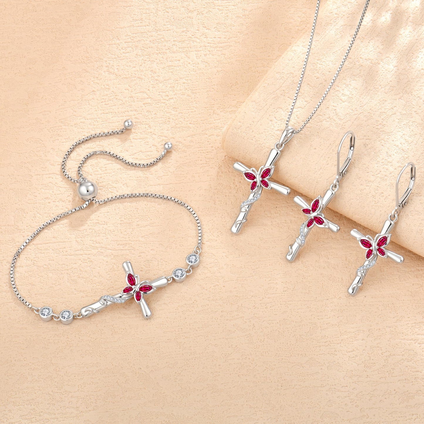 Blaniy Cross Necklace for Women 925 Sterling Silver Butterfly Necklace Ruby Pendant Necklaces July Birthstone Jewelry Gifts for Women