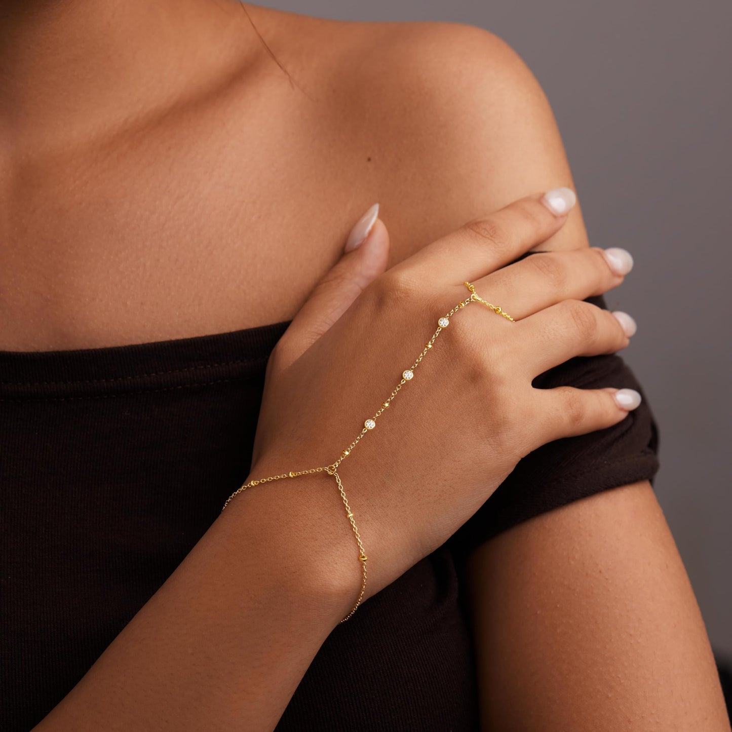 Poxtex Gold Hand Bracelets for Women Waterproof, CZ Bezel Hand Chain Dainty Adjustable Bracelets for Women Trendy, Fashion Jewelry Gifts