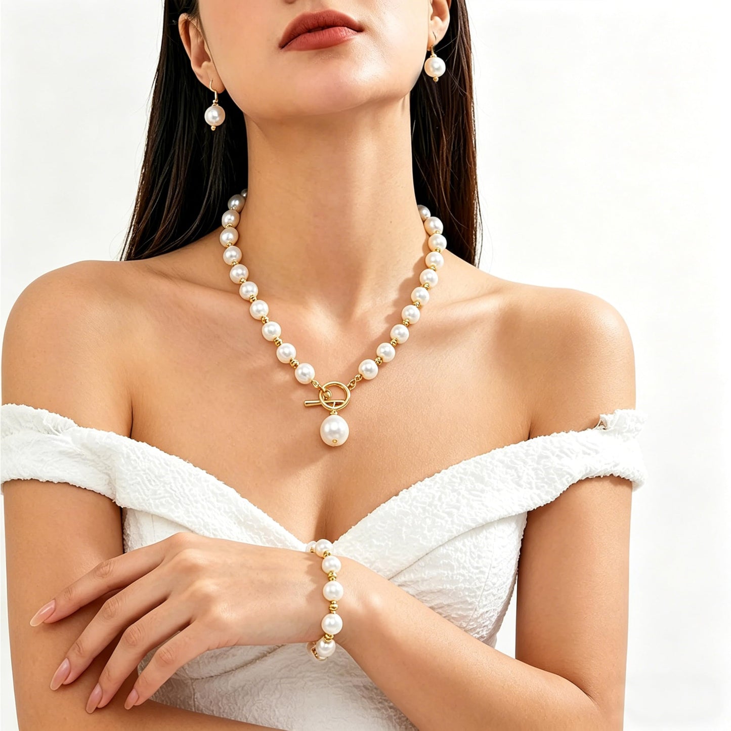 Cryshimmer Pearl Choker Necklace for Women Faux Pearl Bead Necklace Earring Bracelets Set Costume Jewelry (Cream White/Gold Plated)