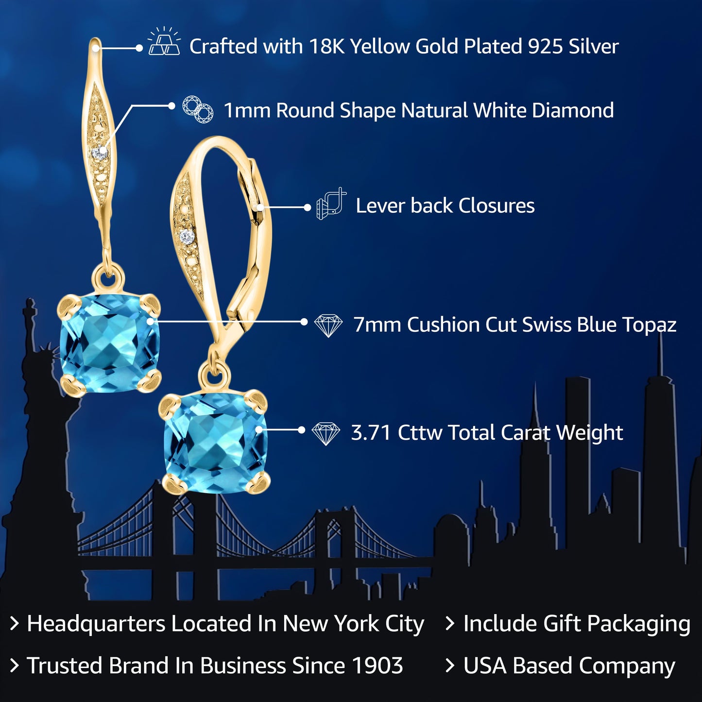 Gem Stone King Drop Dangle Earrings For Women | 7MM Cushion Cut Gemstone Birthstone and Diamond | 925 Sterling Silver | Jewelry Gift for Mom Wife Her | Swiss Blue Topaz-November | Yellow Gold