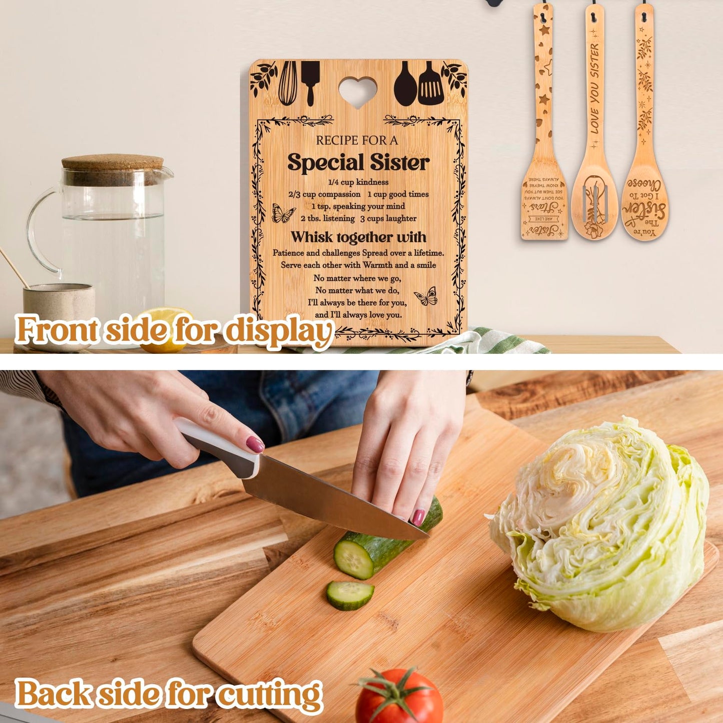 Sister Birthday Gifts - "Recipe for a Special Sister" Sister Gifts from Sister Cutting Board Set, Bamboo-Made Engraved Utensil Set Sister Gifts from Sister, Mothers Day Gifts for Sister
