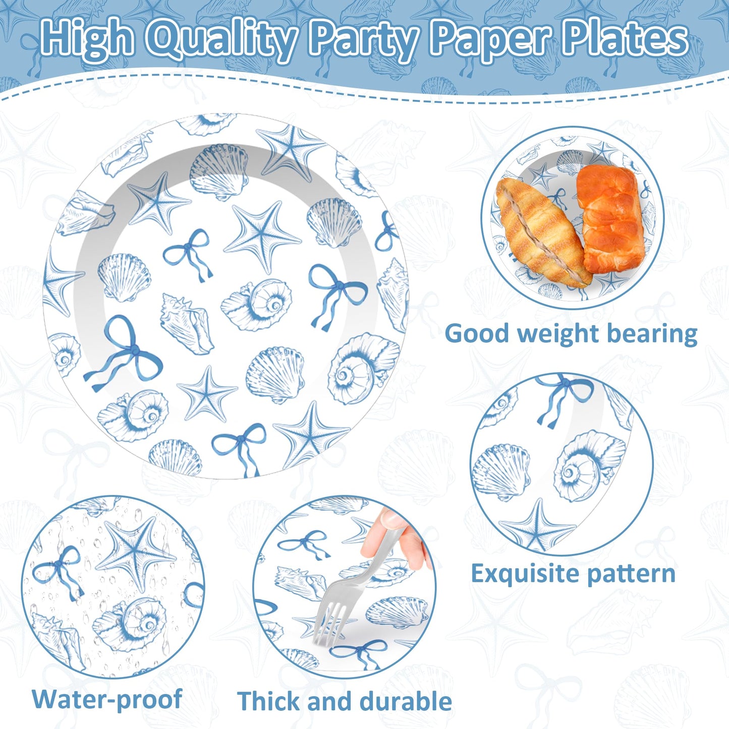 Jisfigtrh 60PCS Blue Bow Seashell Tableware Kit 7" Under The Sea Dinner Plates Ocean Dessert Plates Beach Starfish Seashell Party Supplies for Kids Girls Boys Birthday Graduation Events