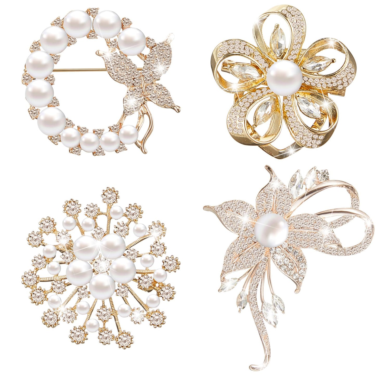 Ecally 4 Pcs Flower Brooch Pins for Women, Crystal Pearl Brooch and Pins for Dress, Coat, Shawl – Gift for Mother，Wedding (Exquisite)