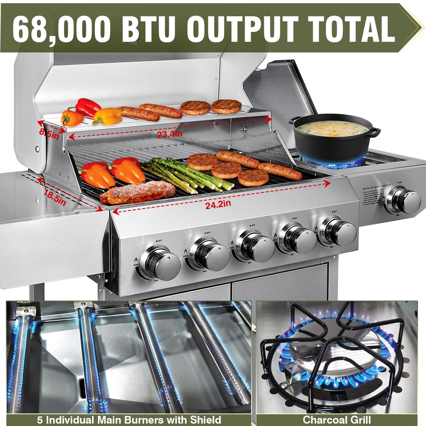 Bestfire 68,000 BTU 5 Burner Propane Gas Grill with Side Burner-Professional-Grade Stainless Steel Outdoor BBQ Grill-647 sq in Cooking Space&Porcelain Cast Iron Grrates-Patio Cart Design for Backyard