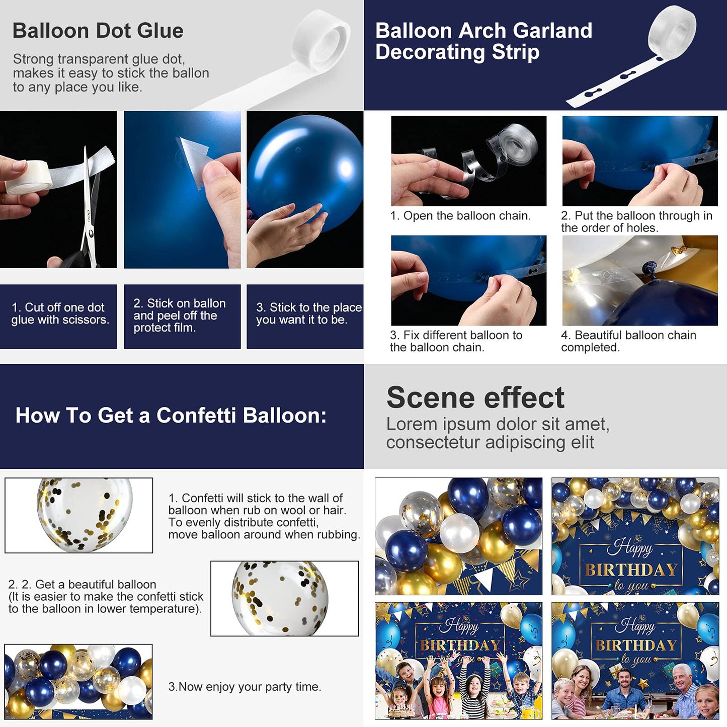 Tatuo Navy Blue Birthday Confetti Balloons Kit Set Photography Backdrop Banner Package for Boys Girls Men Women Birthday Party Decorations Supplies(Navy Blue and Gold)