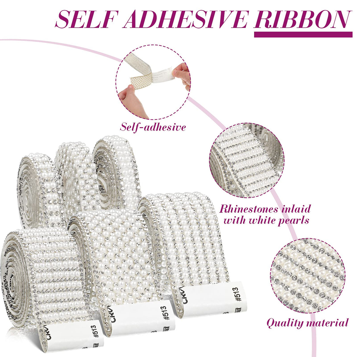 WILLBOND Pearl Rhinestone Strips 6 Rolls 5. 28 Yards Pearl Diamond Ribbon Rhinestones White Self Adhesive Faux Crystal Stickers for Wedding Birthday Party Art Crafts Car Phone Shoes Decors(Silver)