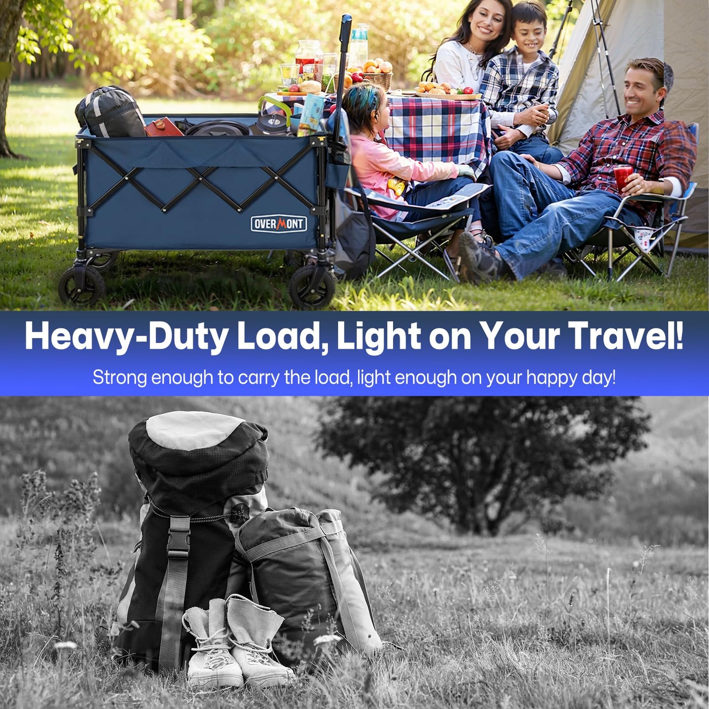 Overmont Ultra-Compact Collapsible Wagon Cart - 200L Portable Folding Wagon with All-Terrain Wheels Utility for Beach, Grocery Shopping, Camping, and Gardening – 360lbs Load Capacity Blue