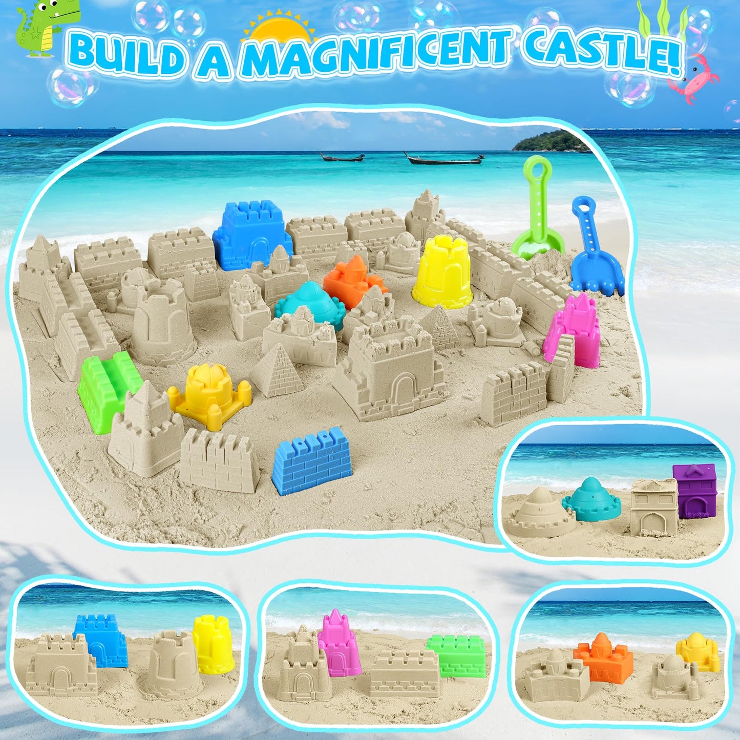 FHOZGECY Beach Toys, Sand Toys for Kids Boys and Girls with 4 Beach Construction Vehicles, 4 Collapsible Bucket, Sand Castle Building Kit, Sand Molds, Mesh Bag, Outdoor Toys for Kids Ages 4-8