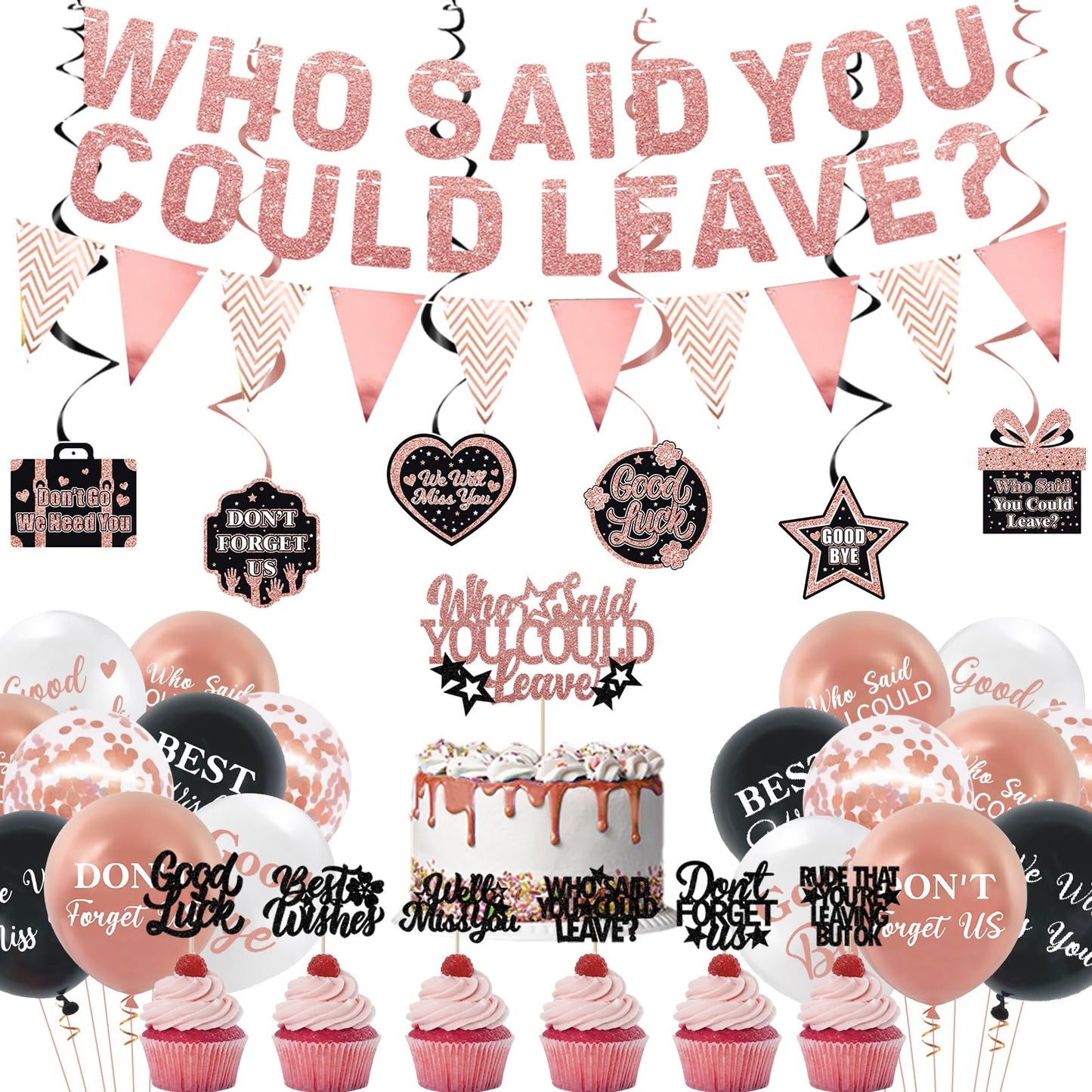 Roetyce Farewell Party Decorations, Rose Gold Who Said You Could Leave Banner Balloons Cake Toppers Hanging Swirls, Pink Going Away Retirement Leaving Party Decorations Coworker Goodbye Party Supplies