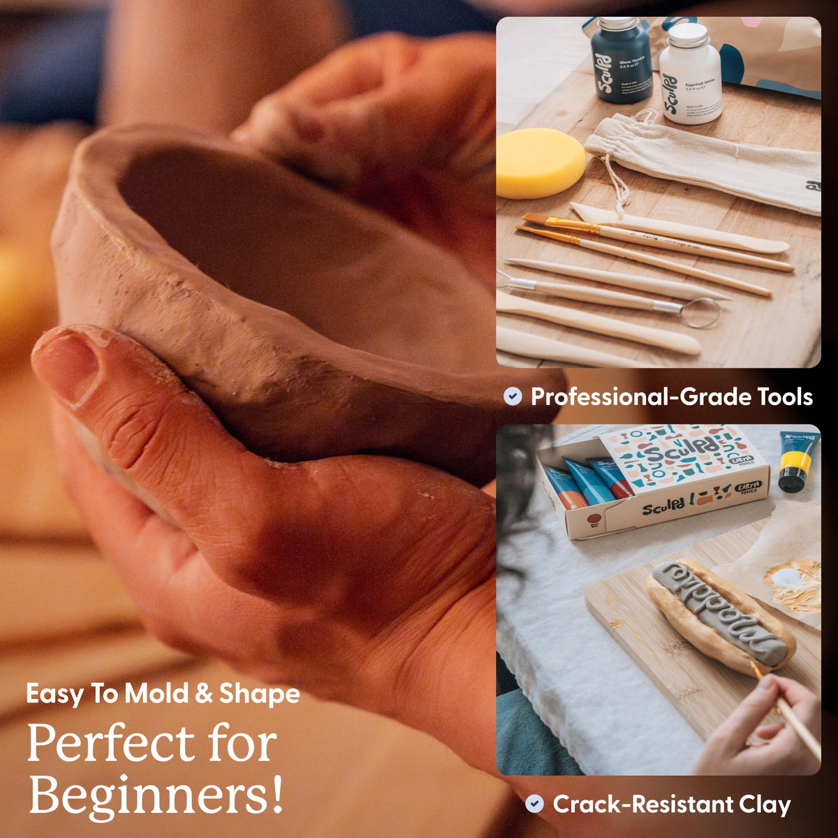 Sculpd - The Original Pottery Kit for Adults - Air Dry Clay for Adults, Tools, Varnish, Brushes, Mother's Day Activities, Arts & Crafts Set, Gloss Varnish