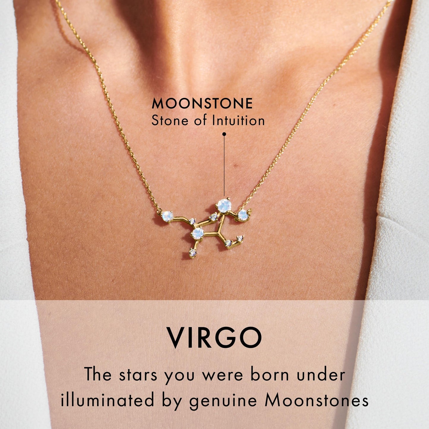 Moon Magic Moonstone Necklace - Virgo Zodiac Constellation / 925 Sterling Silver - 18k Rose Gold - Yellow Gold Rainbow Moonstone Necklaces for Women/Authentic Rainbow Crystal Jewelry