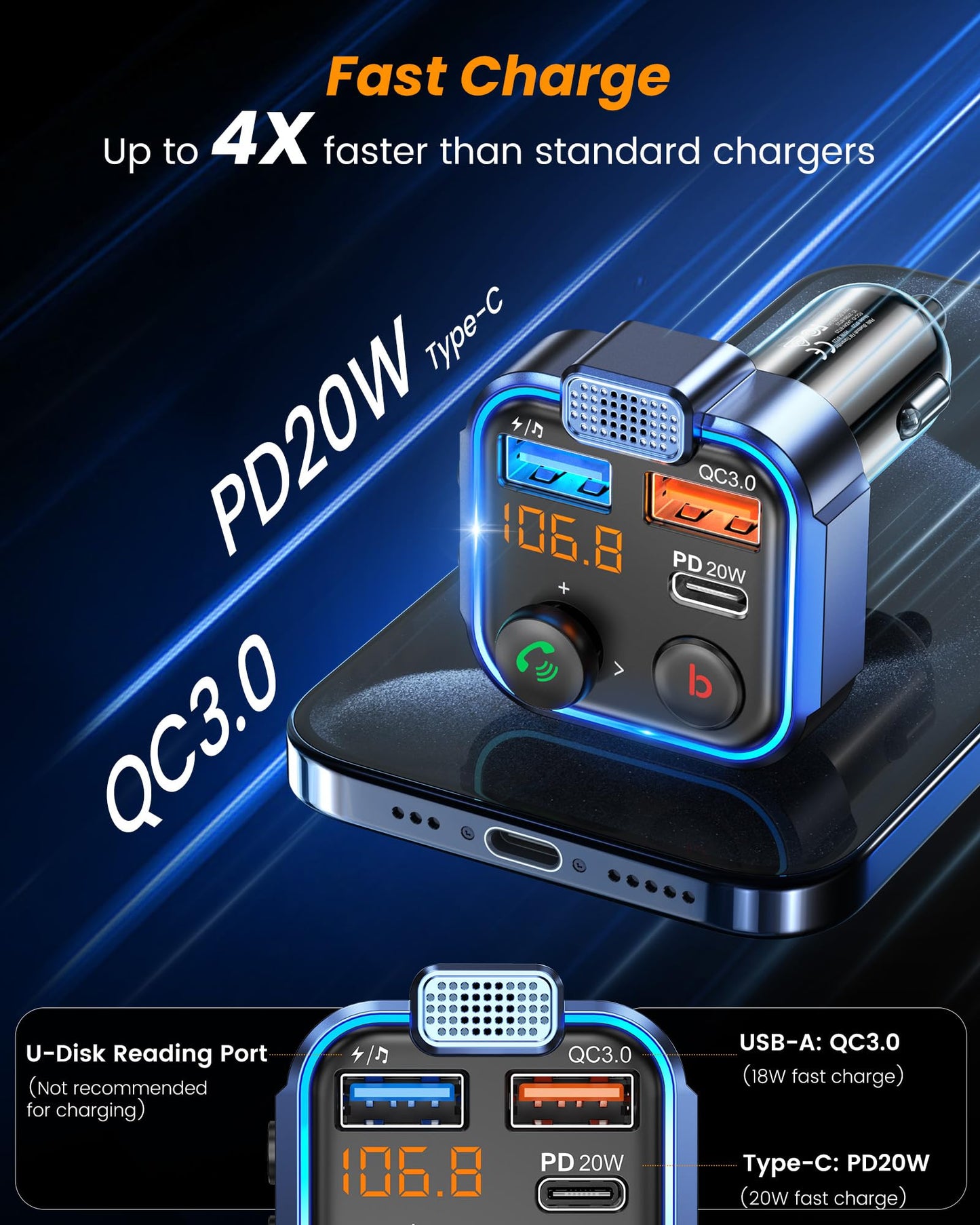 LENCENT FM Transmitter in-Car Adapter, Type-C PD 20W+ QC3.0 Fast USB Charger, Wireless Bluetooth 5.3 Radio Car Kit, Hands-Free Calling, MP3 Player Receiver Hi Fi Bass, Support U Disk