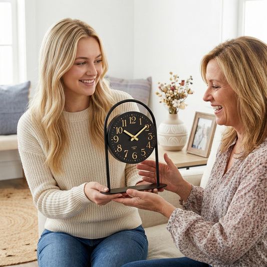 Modern Black Desk Clock - 10.6 Inch Arched Table Clock with Silent Non-Ticking Quartz Movement, Battery Operated Decorative Mantel Clock with Gold Arabic Numerals for Bedroom, Shelf & Office Decor