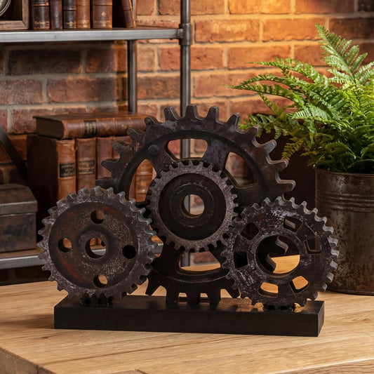 Novabright Steampunk Industrial Gear Train Figurine, Vintage Copper Colored Wooden Gear Wheel Desktop Ornament, Retro Mechanical Steam Punk Gift for Living Room, Bedroom & Office Bookshelf Decor