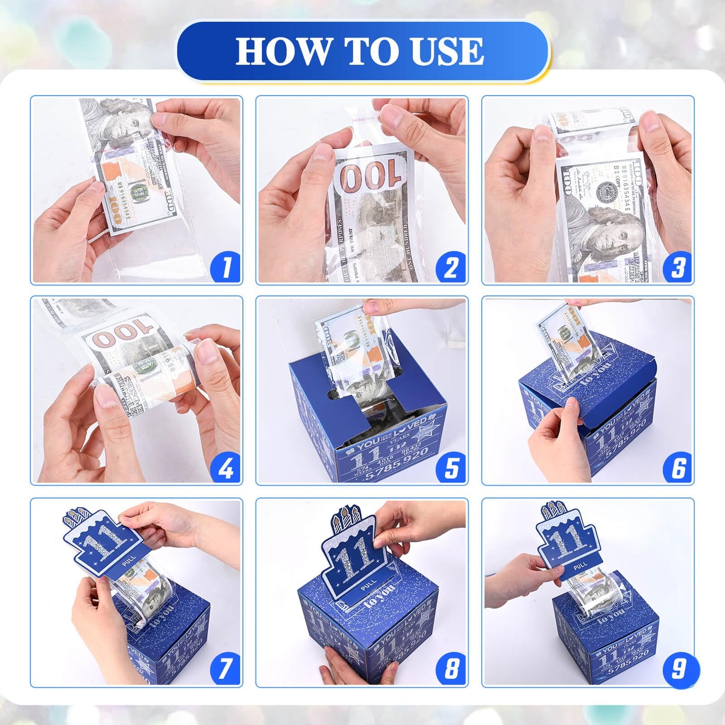 TOYEISHI 11 Happy Birthday Money Box for Cash Gift, 11th Birthday Decorations for Boys and Girls, Gifts for 11 Year Old Boy, Boy Gift Ideas, Cool Things for Teen -Blue with 100PCS Bags