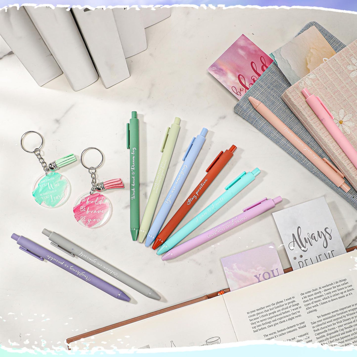 Quelay 30 Set Inspirational Gift Bulk for Women History Month Motivational Acrylic Keychain Motivational Pens Bookmarks Women Empowerment Gifts for Team Employees