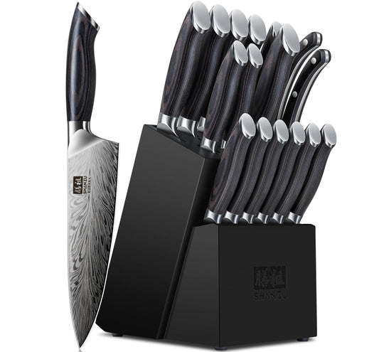 SHAN ZU 16 Pieces Knife Set, Knife Block Set in Powder Steel, Ultra Sharp Kitchen Knives Set, High Hardness Japanese Knife Set with Ergonomic Pakkawood Handle, Chef Knives Set for Kitchen Cooking