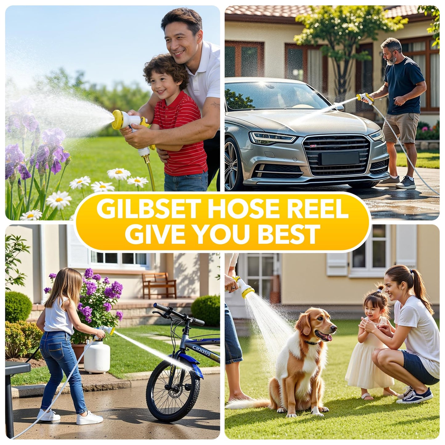 130 ft x 1/2" Retractable Garden Hose Reel, Heavy Duty Water Hose Reel Wall Mounted, Any Length Lock, 180°Swivel, Water Hose with 8-Function Nozzle for Cleaning, Watering (Yellow)