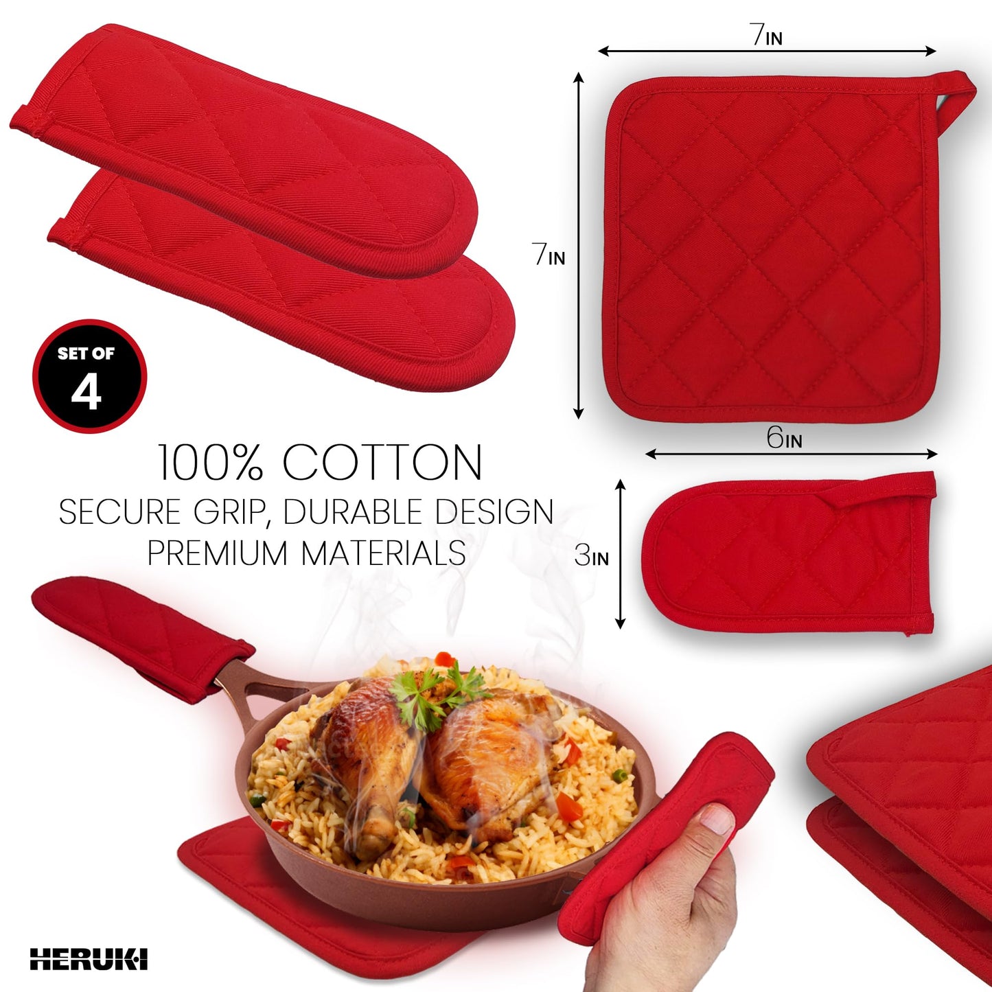 HERUKI Handle Holders and PotHolders Set, Heat Resistant Quilted Kitchen Accessories, Red, 4-Piece