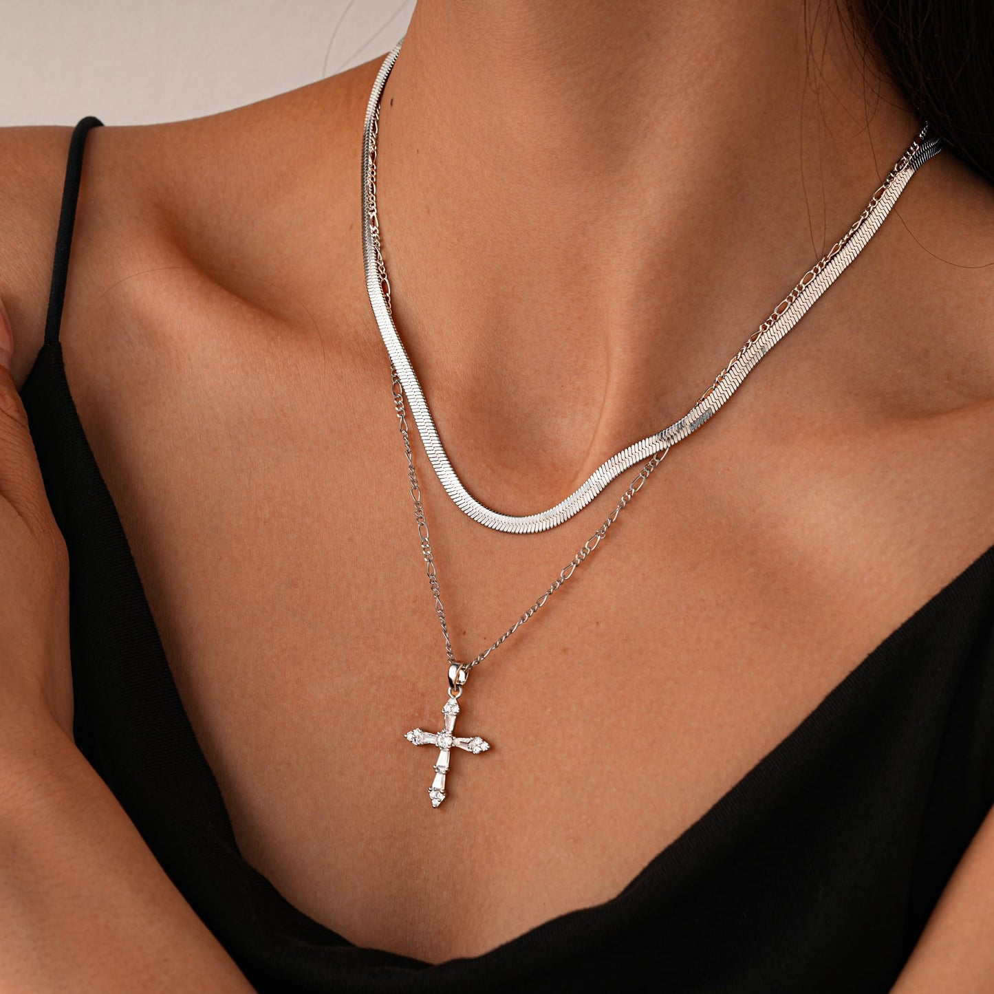 ANDKISS Layered Cross Necklace for Women - Dainty 14K Silver Plated Stacked Necklaces Trendy Snake Chian Cross Pendant Necklace Jewelry Gifts Christmas Women
