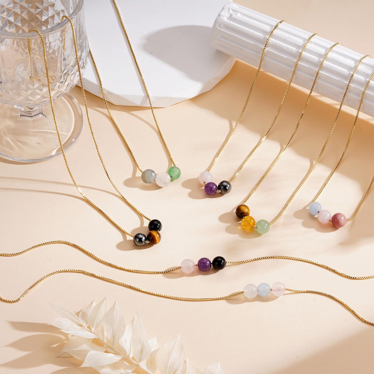 Suarlly Healing Crystal Necklace for Women 14k Plated Gold Beaded Necklace Tiger Eyes Anxiety Relief Triple Protection Gifts for Friends Sister Mom Daughter Jewelry