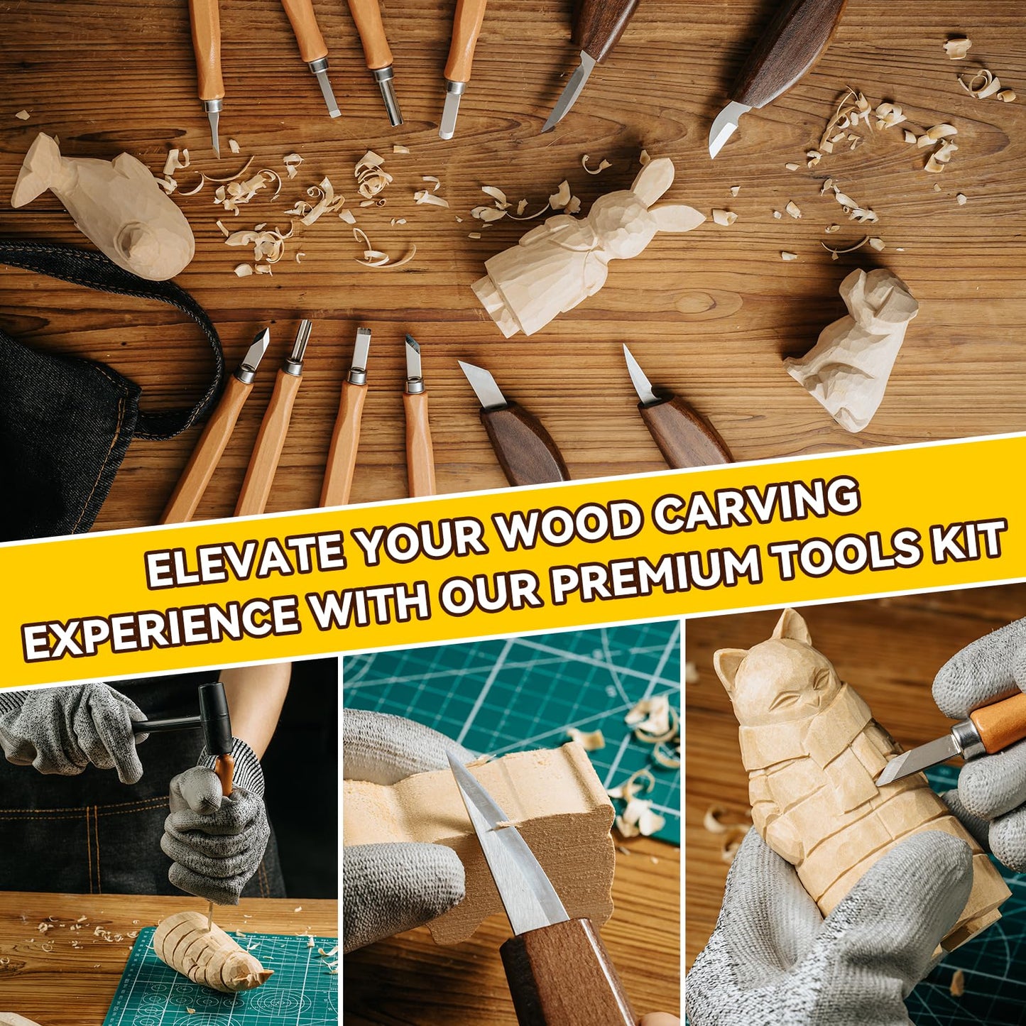 Wood Carving Kit, 44Pcs Wood Carving Tools Set with Thick Leather Storage Bag, Deluxe Wood Carving set, 10 Wood Carving Knives 11 Chisels 9 Blocks Whittling Kit for Beginners Enthusiasts Kids Gift DIY