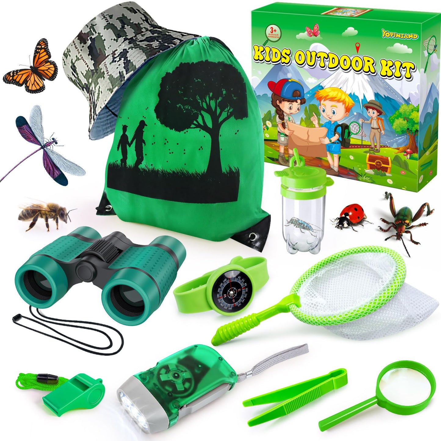 YOPINSAND Kids Explorer Kit & Bug Catcher Kit, Camping Gear for Kids, Outdoor Exploration Set with Backpack & Hat, Binoculars, Ideal Outdoor Camping Adventure Toys for Boys Girls 3-12