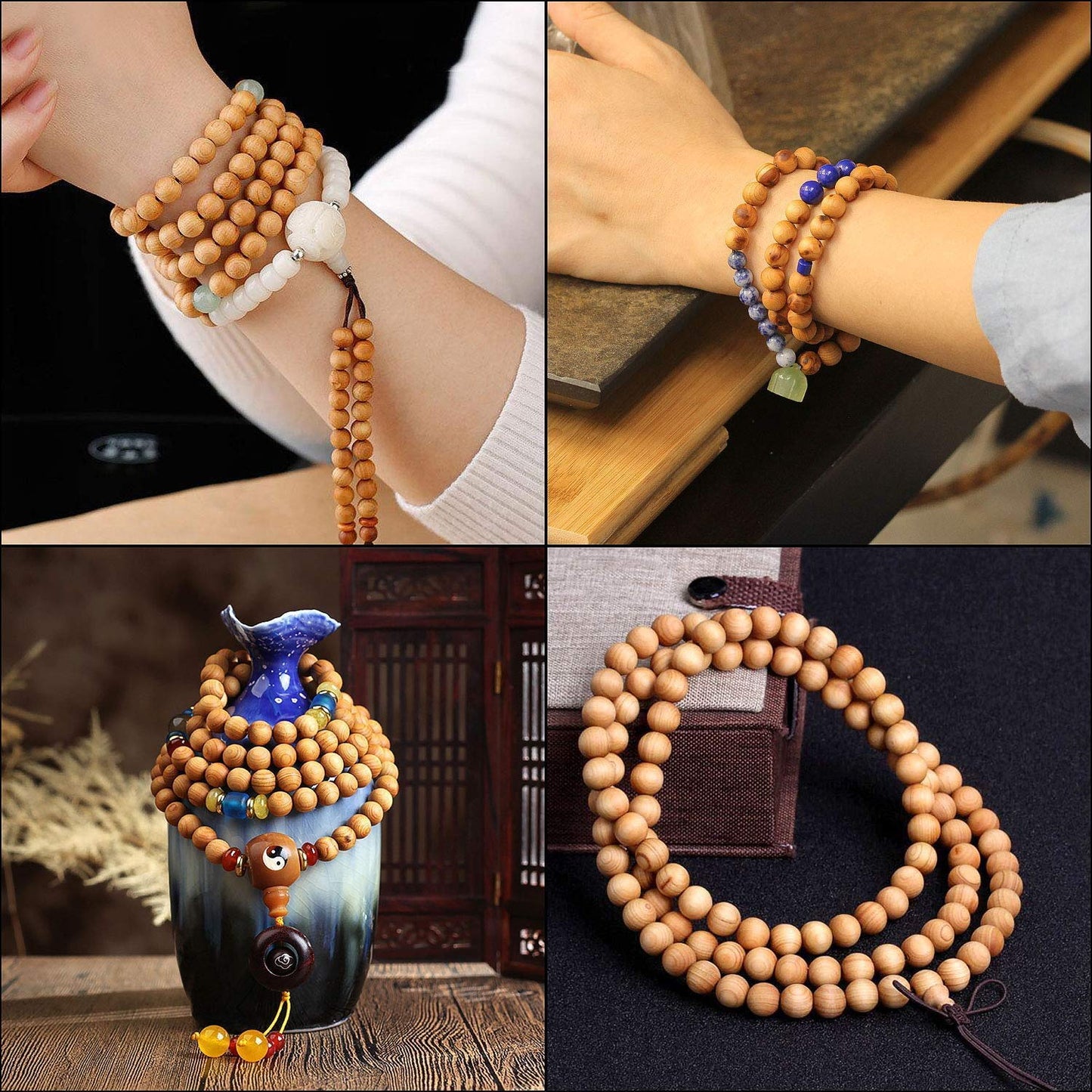 Prometis 200pcs 6mm Natural Sandalwood Round Beads Gorgeous Craft Handmade Polished Spacer Mala Pray Beads with Elastic Cord for Bracelets DIY Rosary Tasbih Jewelry Making