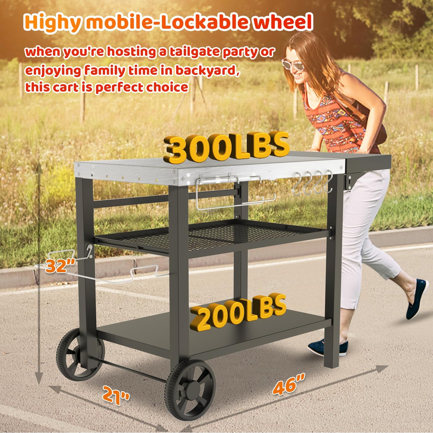 Outdoor Kitchen Island, Grill Table Cart with Drawer, Pizza Oven Stand, Movable 3-Shelf Prep Table with Side Table for Ninja Woodfire, Ooni Pizza Oven, Blackstone Griddle, Cuisinart, Barbecue tool set