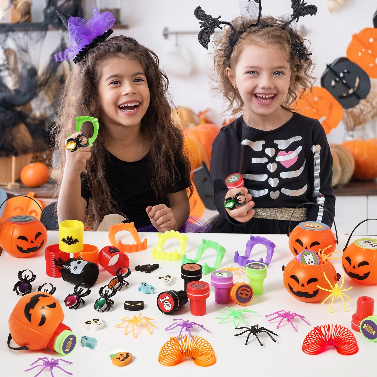 SpringFlower 336 PCS Halloween Party Favors,48 Pack Prefilled Pumpkins With Toys, Halloween Party Favors Bulk Kids Trick or Treat & Classroom School Rewards, Halloween Gifts