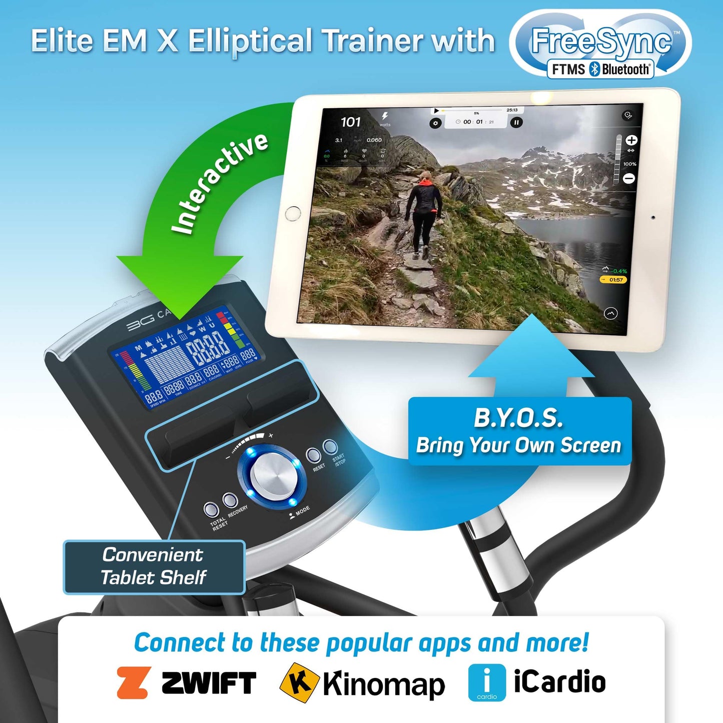 3G Cardio Elite EM X Elliptical Trainer Machine with 18”- 23” Adjustable Stride, Small Space Saving 49.2” Footprint, FreeSync™ FTMS Smart HD Connectivity, 350LB Max Weight, 5 Year Parts Warranty.